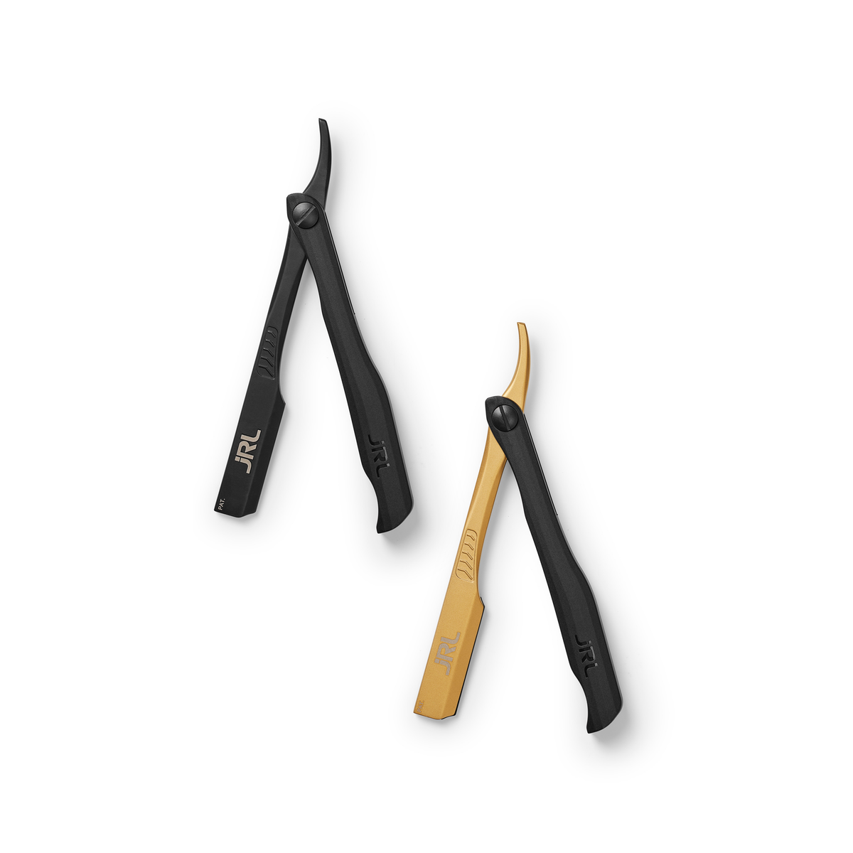 JRL Magnetic Straight Edge Razor in zwart en goud – barber scheermessen naast elkaar