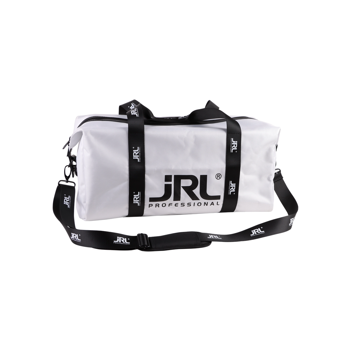 JRL Lightweight Travel Duffle Bag wit – barber reistas met schouderriem en JRL-logo, vooraanzicht op witte achtergrond