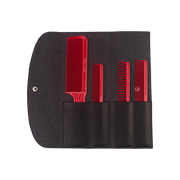 JRL Barber Comb Set rood – vier barber kammen met tas van gerecycled leer, vooraanzicht op witte achtergrond