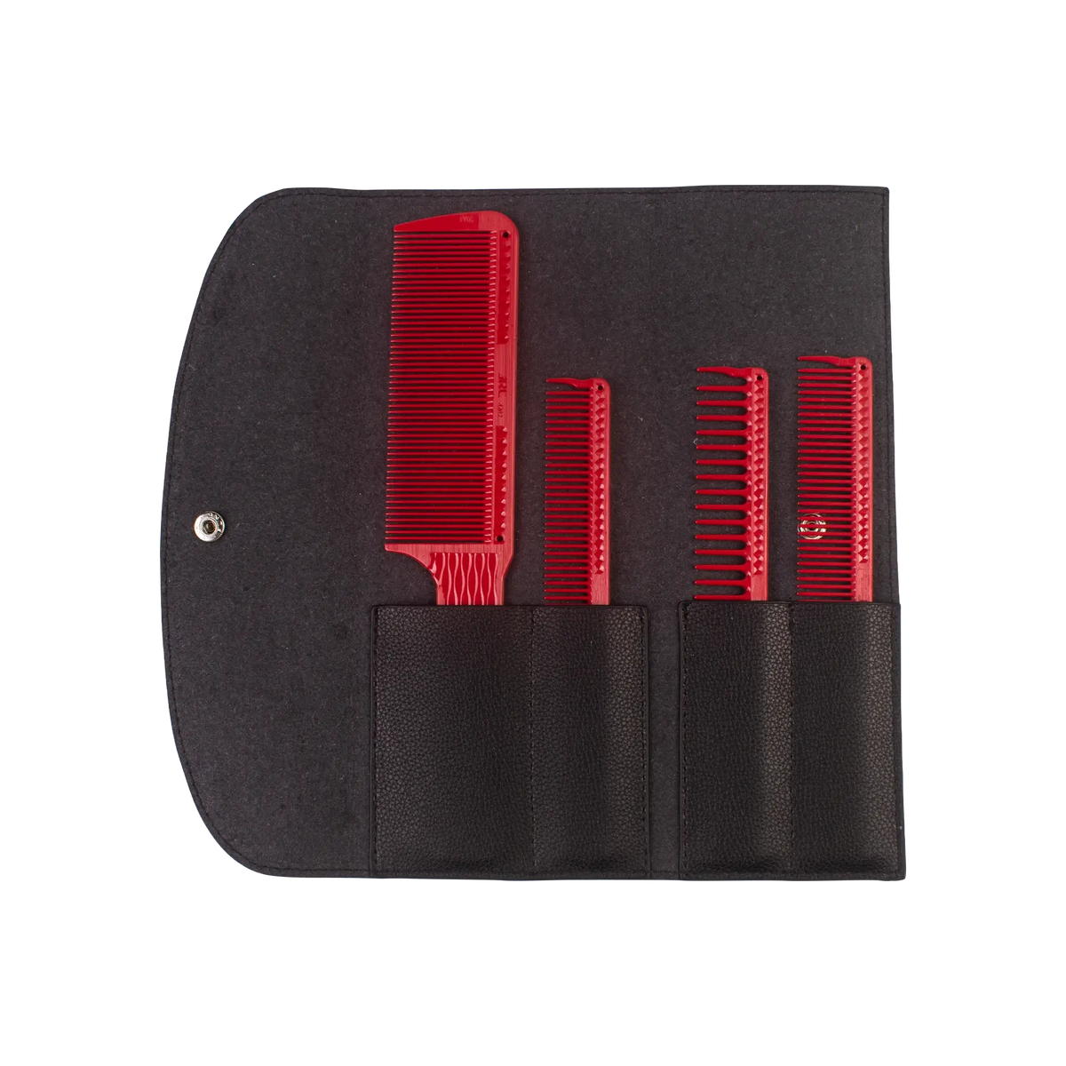 JRL Barber Comb Set rood – vier barber kammen met tas van gerecycled leer, vooraanzicht op witte achtergrond