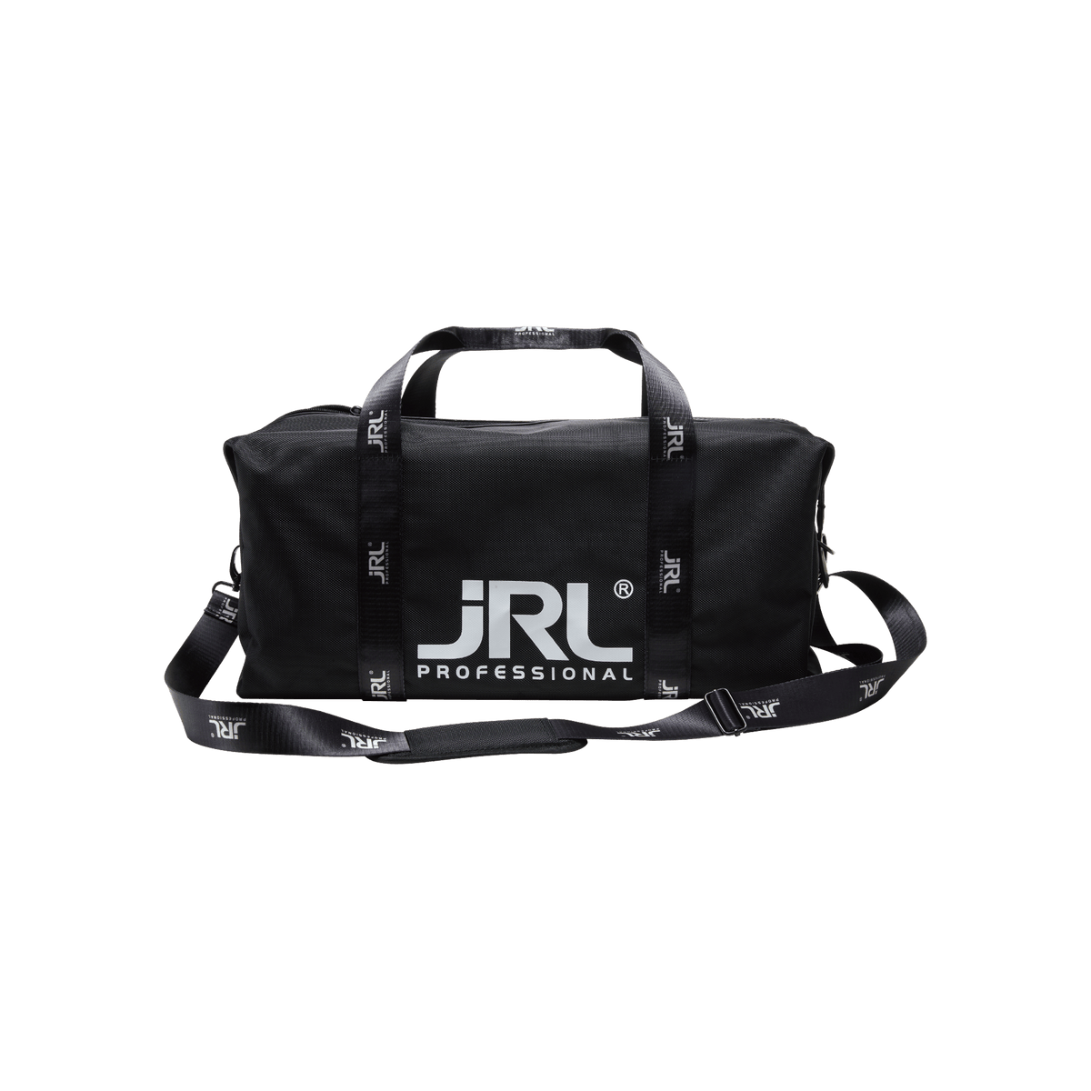 JRL Lightweight Travel Duffle Bag zwart – barber reistas met schouderriem en JRL-logo, vooraanzicht op witte achtergrond